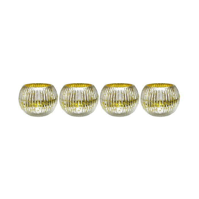 Set of 4 Yellow and Silver Ribbed Round Mercury Glass Decorative Votive Candle Holders 3.25"