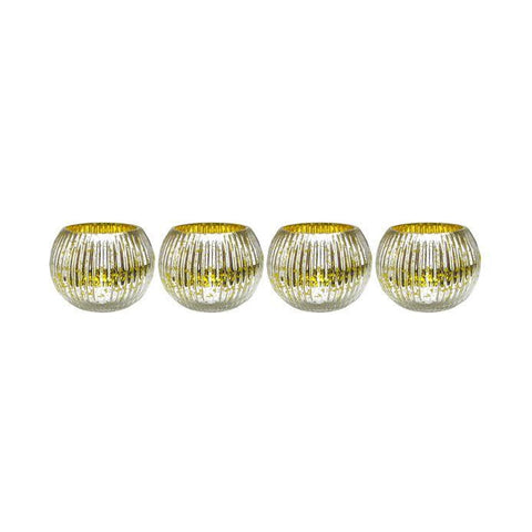 Set of 4 Yellow and Silver Ribbed Round Mercury Glass Decorative Votive Candle Holders 3.25"