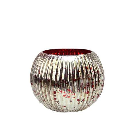 Set of 4 Red and Silver Ribbed Round Mercury Glass Decorative Votive Candle Holders 3.25"