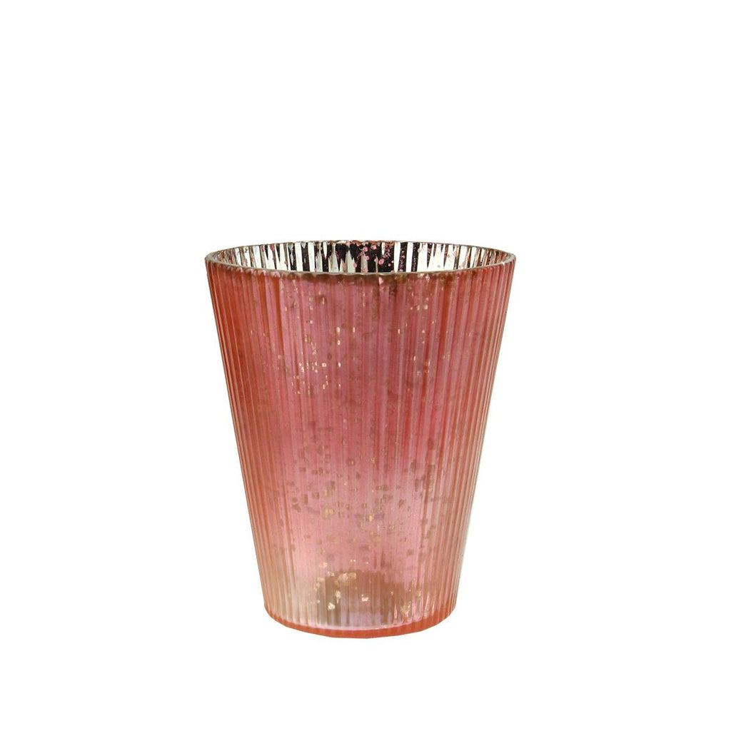 Set of 4 Pink and Silver Ribbed Mercury Glass Decorative Votive Candle Holders 4.25"