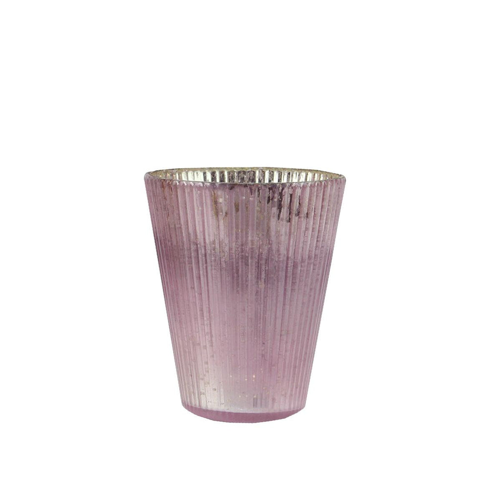 Set of 4 Purple and Silver Ribbed Mercury Glass Decorative Votive Candle Holders 4.25"