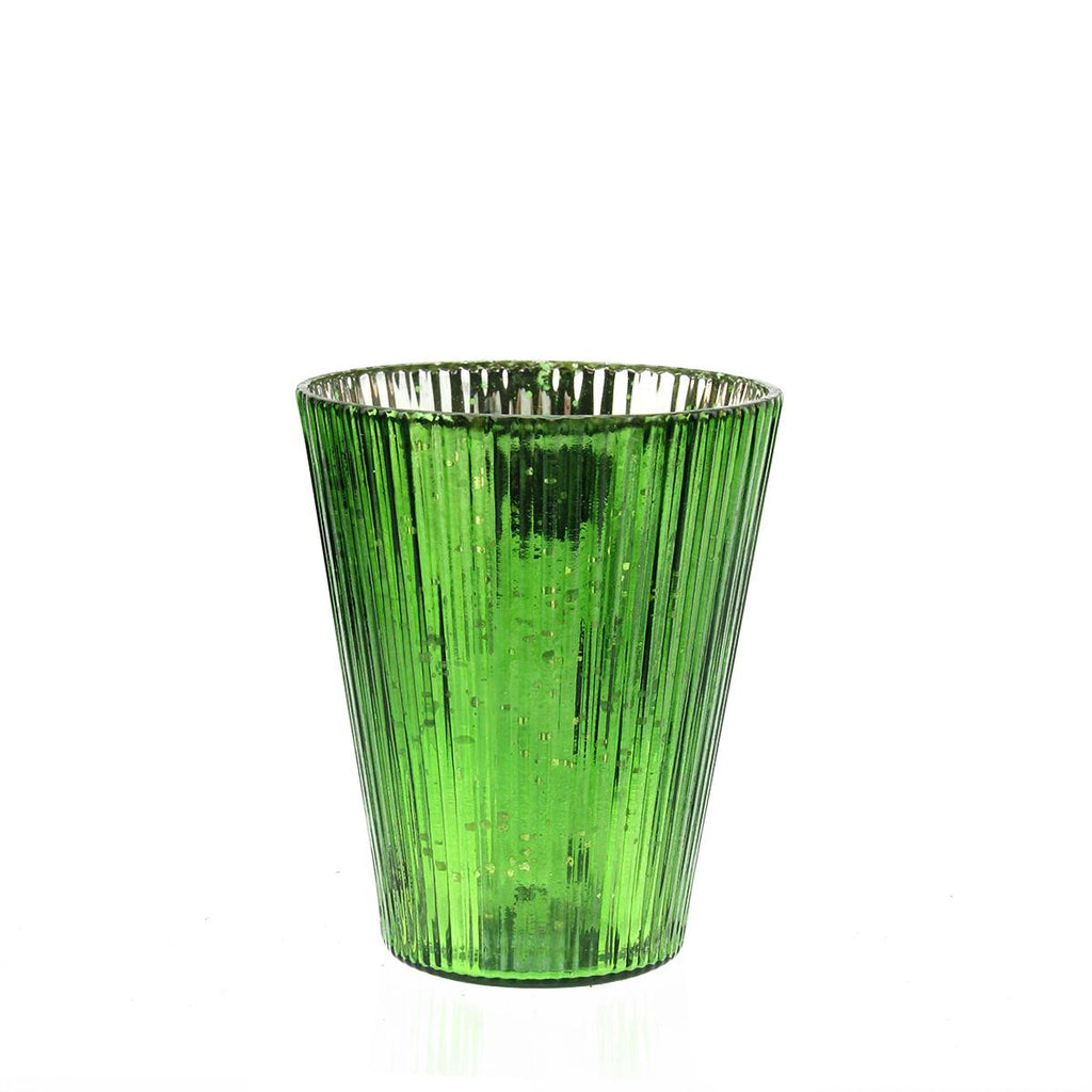 Set of 4 Green and Silver Ribbed Mercury Glass Decorative Votive Candle Holders 4.25"