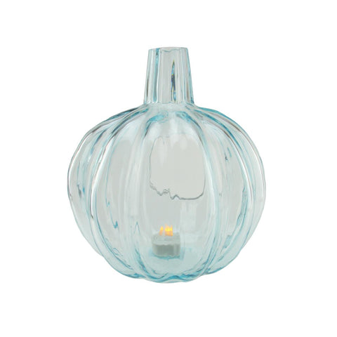 9" Transparent Light Blue Glass Pumpkin Shaped Pillar Candle Holder