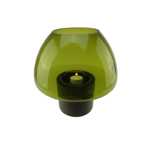 9.75" Transparent Olive Green Glass Candle Holder with Wooden Base