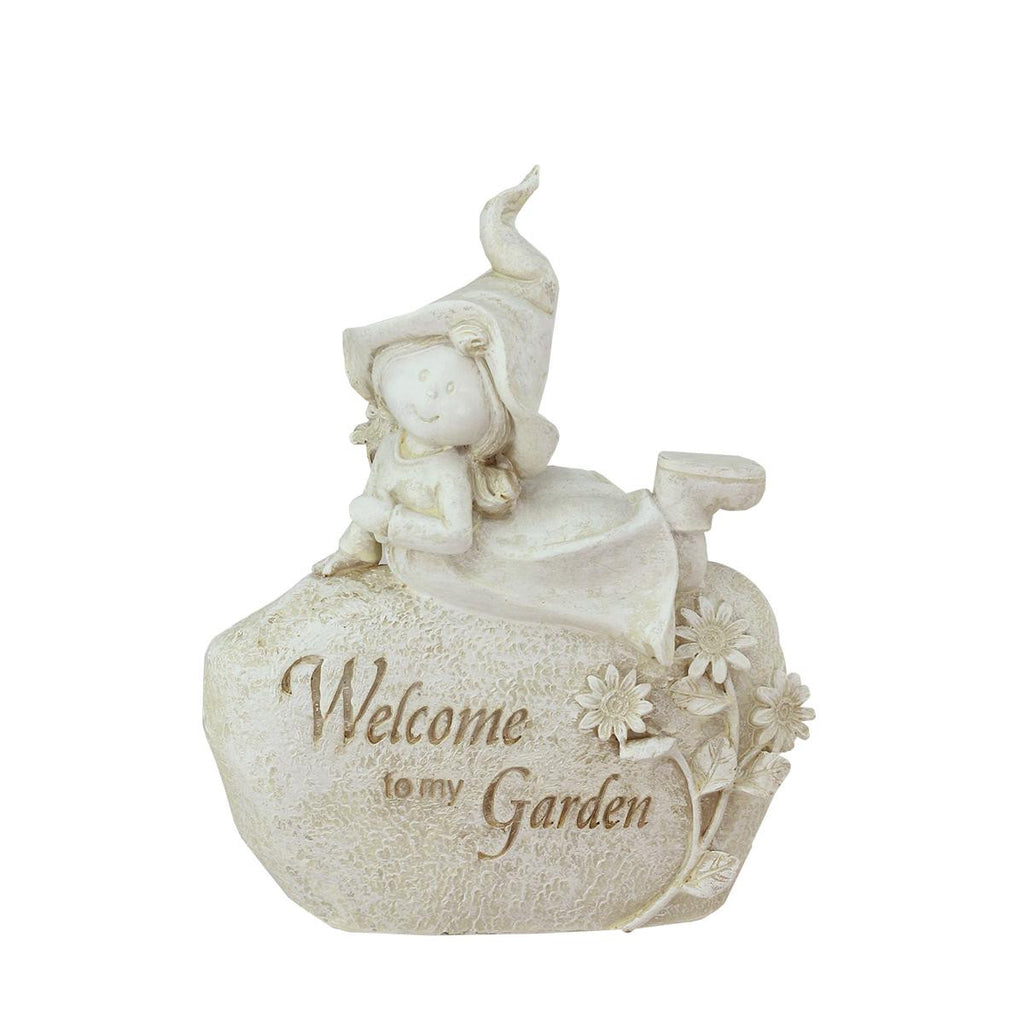 8.75" Garden Kids Ivory "Welcome To My Garden" Girl on Rock Outdoor Patio Garden Statue