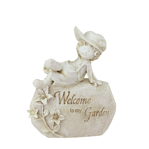 7.5" Garden Kids Ivory "Welcome To My Garden" Boy on Rock Outdoor Patio Garden Statue