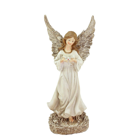 12.5" Heavenly Gardens Glittered Ivory & Champagne Gold Serene Angel w- Dove Outdoor Patio Garden Statue