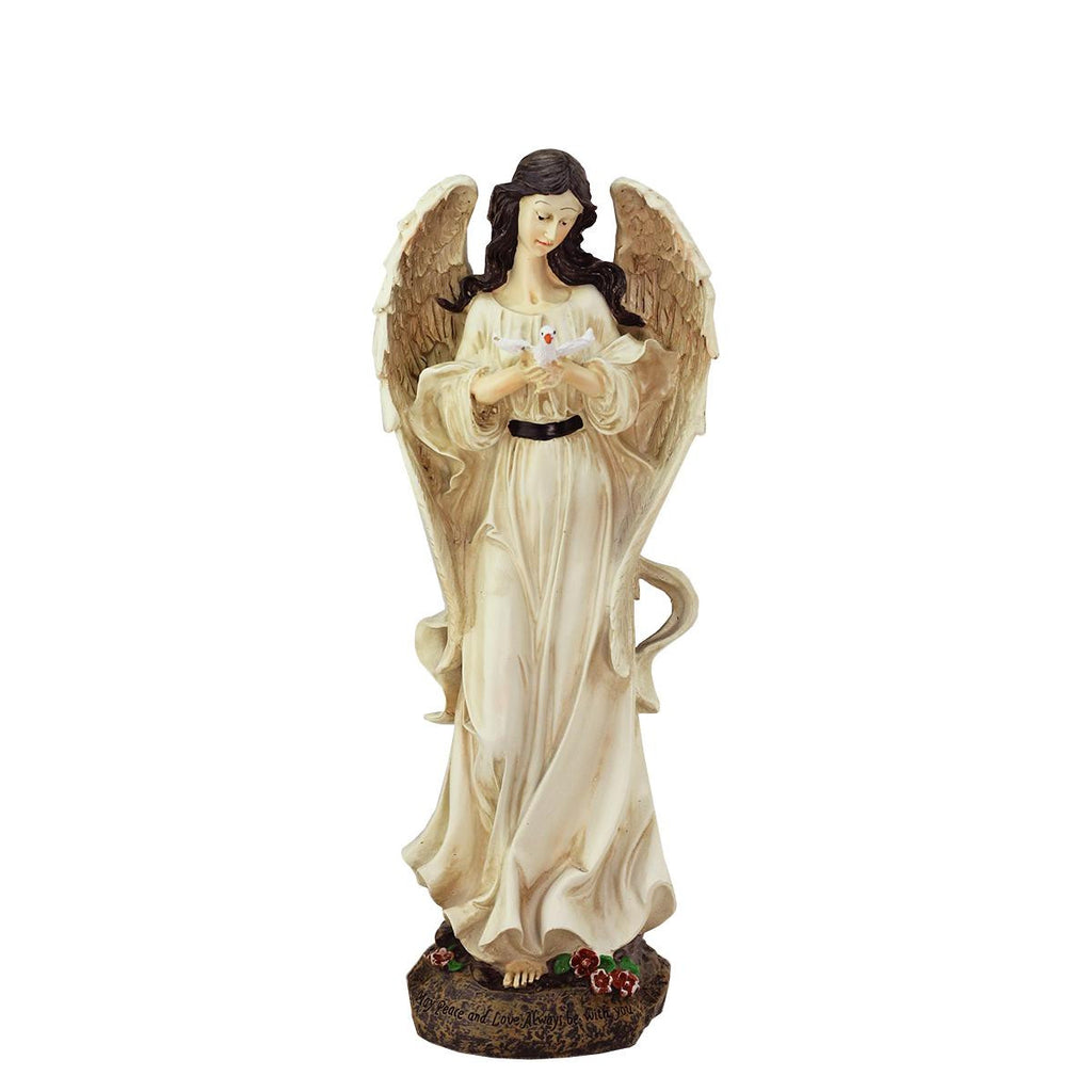 13.5" Heavenly Gardens "Peace and Love" Distressed Ivory Angel with Dove Outdoor Patio Garden Statue