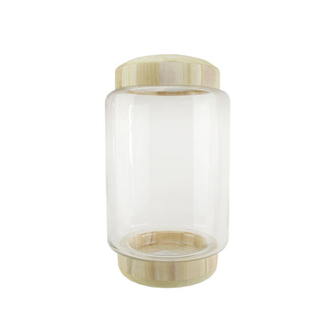 13.5" Cylindrical Transparent Glass Container with Wooden Base and Lid