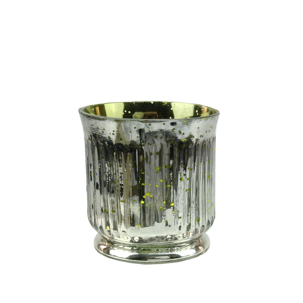 Set of 4 Lime Green and Silver Ribbed Mercury Glass Decorative Votive Candle Holders 3.25"