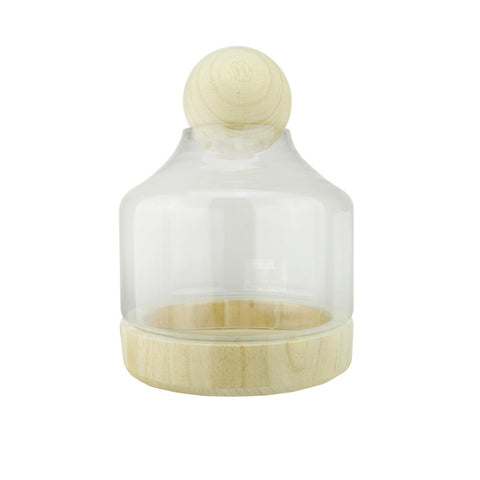 7.25" Transparent Glass Hurricane with Decorative Wooden Lid