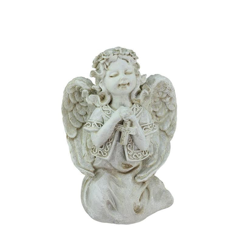 7" Heavenly Gardens Distressed Gray Praying Angel Girl with Cross Outdoor Patio Garden Statue