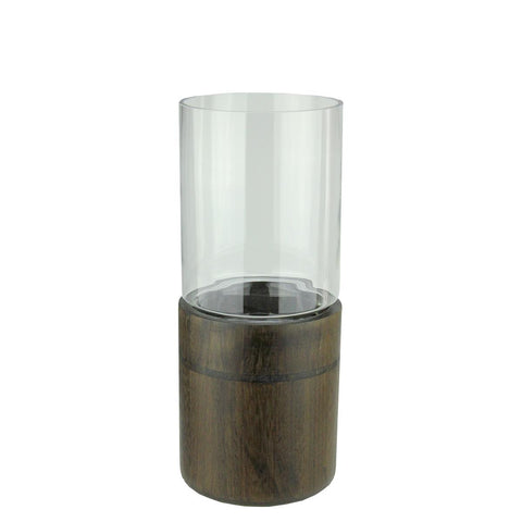 15.25" Clear Glass Hurricane Pillar Candle Holder with Wooden Base