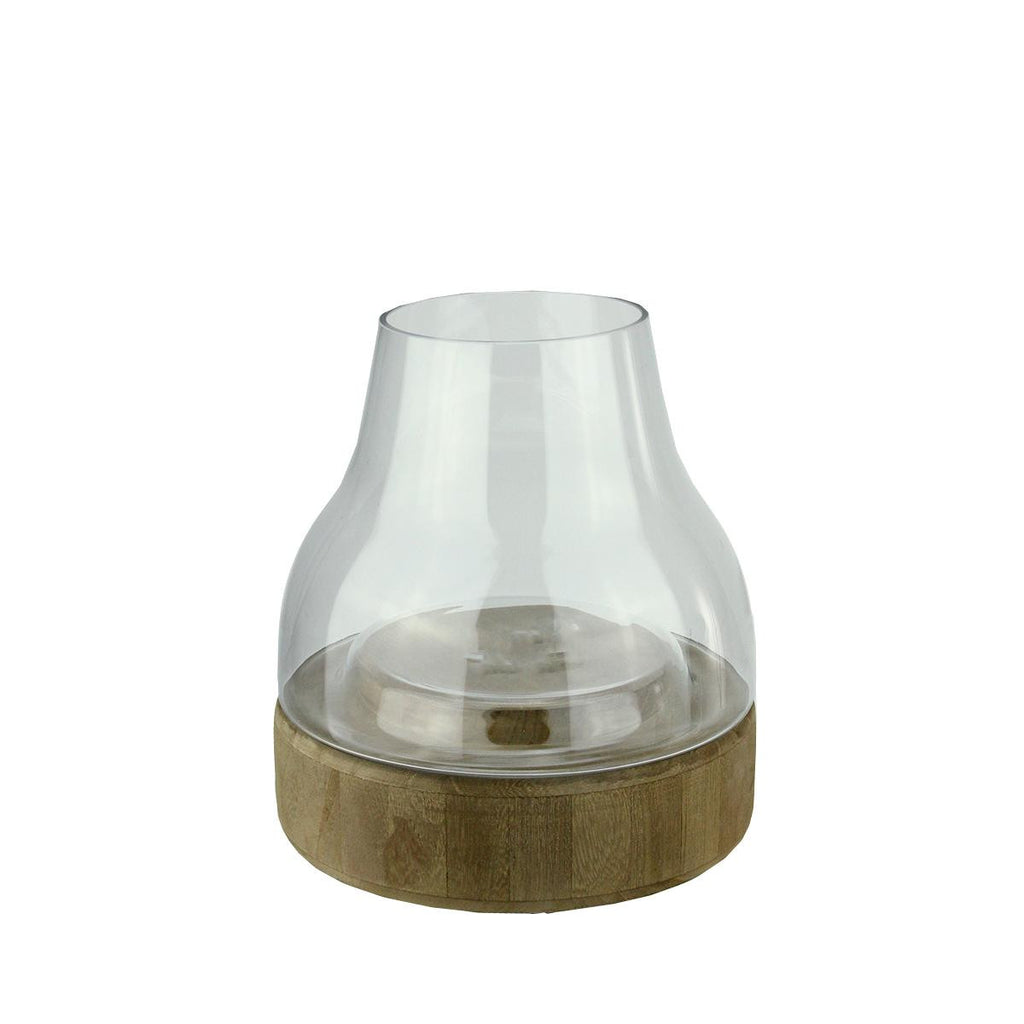 10.25" Transparent Glass Pillar Candle Holder with Wooden Base