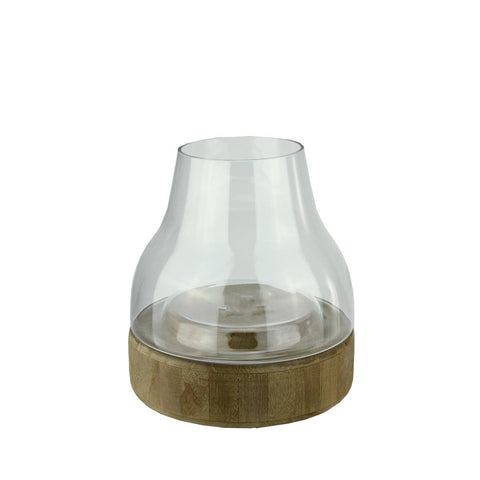 10.25" Transparent Glass Pillar Candle Holder with Wooden Base