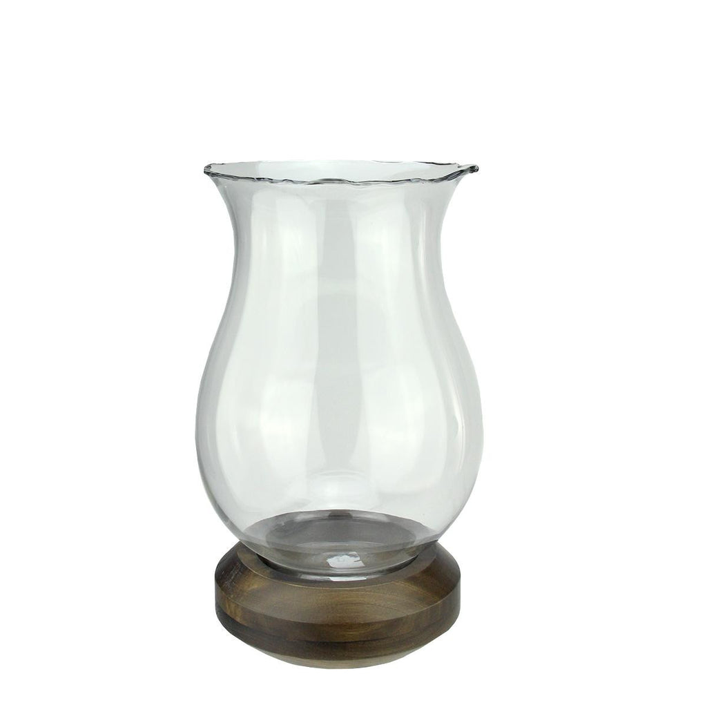 17" Wavy Edged Clear Glass Hurricane Pillar Candle Holder with Wooden Base