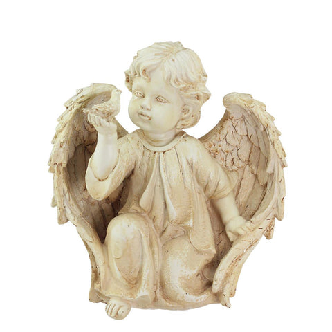 10.25" Heavenly Gardens Distressed Ivory Cherub Angel on Bended Knee with Dove Outdoor Patio Garden Statue