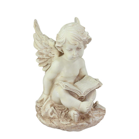 12" Heavenly Gardens Distressed Ivory Sitting Cherub Angel with Book Outdoor Patio Garden Statue