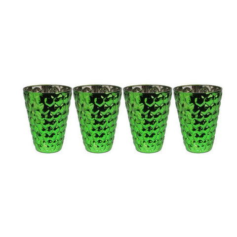 Set of 4 Green and Silver Textured Mercury Glass Decorative Votive Candle Holders 4.5"