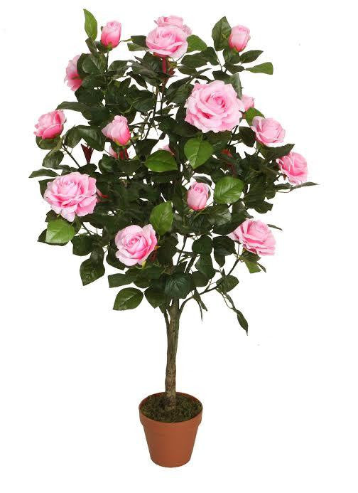 44.25" Decorative Potted Artificial Green and Pink Floral Rose Garden Tree