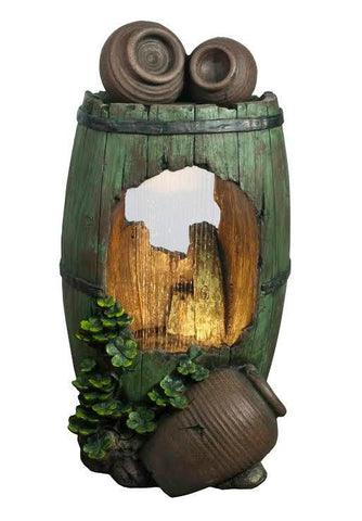 31" LED Lighted Rustic Green Barrel and Brown Urn Pots Spring Outdoor Garden Water Fountain