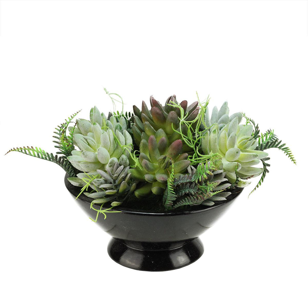 12" Artificial Mixed Green and Red Succulent Plants in a Decorative Black Bowl Pot