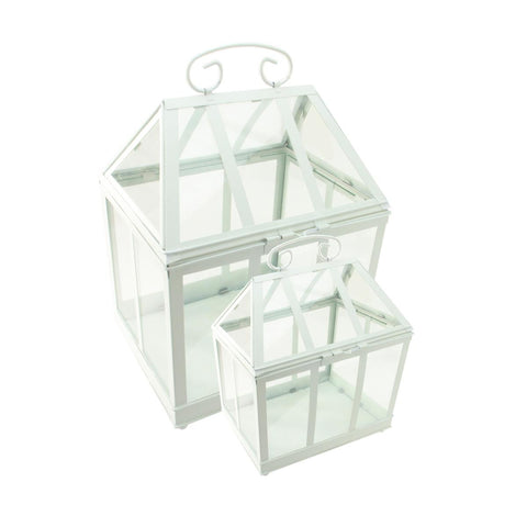 Set of 2 White Metal and Glass Paneled Nesting Outdoor Greenhouse Terrariums 12.5"-15.5"