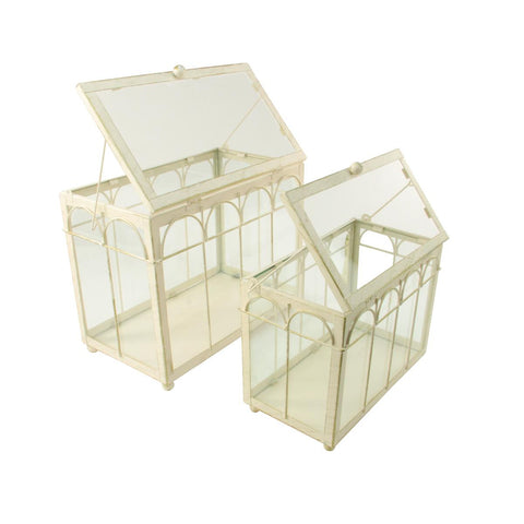 Set of 2 Gold and Antique-White Brushed Metal Nesting Outdoor Greenhouse Terrariums 8.25"-12"