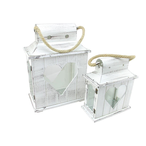 Set of 2 Decorative White Washed Wooden Candle Holder Lanterns with Heart Shaped Cut-Outs