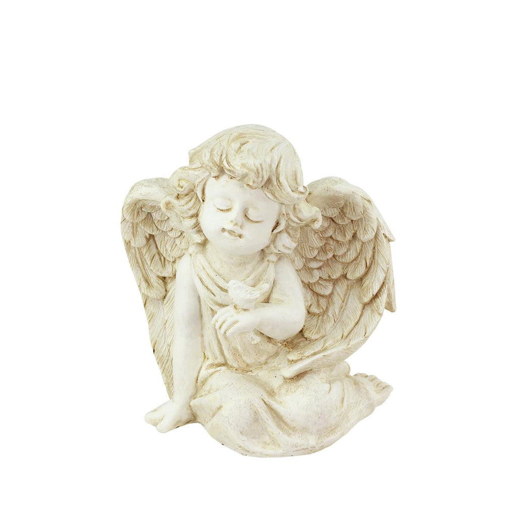 6.5" Heavenly Gardens Distressed Ivory Sitting Cherub Angel with Bird Outdoor Patio Garden Statue