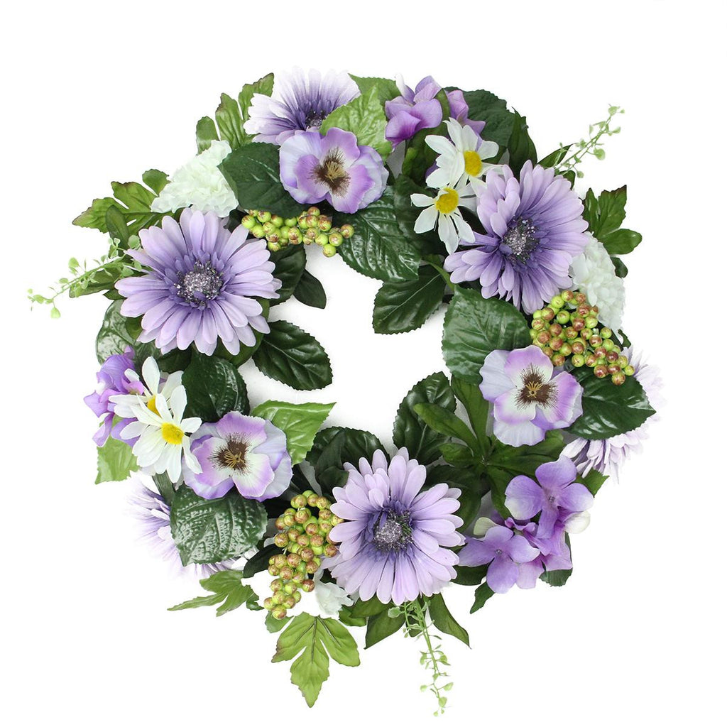 18" Decorative Purple and Green Gerbera Daisy and Pansy Flowers Artificial Spring Floral Wreath