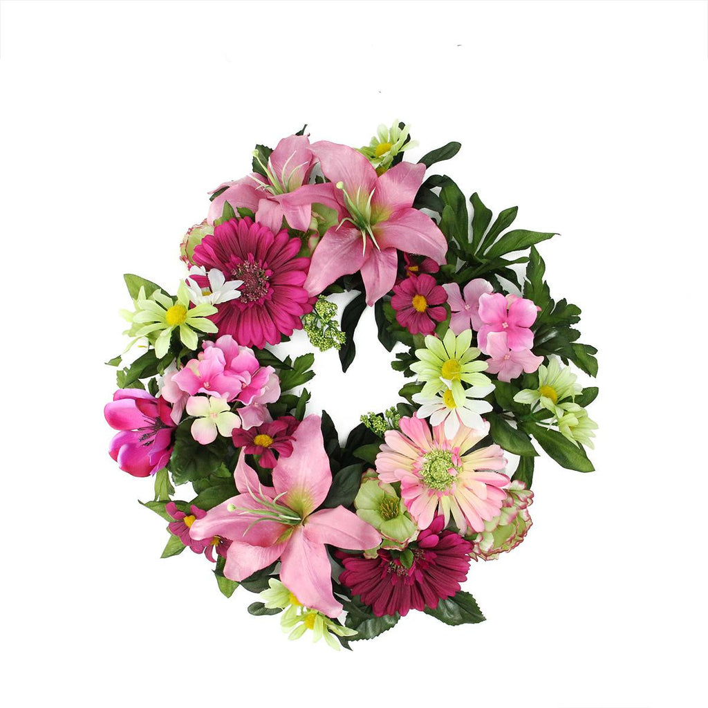 18" Decorative Pink and Green Tiger Lily and Daisy Flowers Artificial Spring Floral Wreath