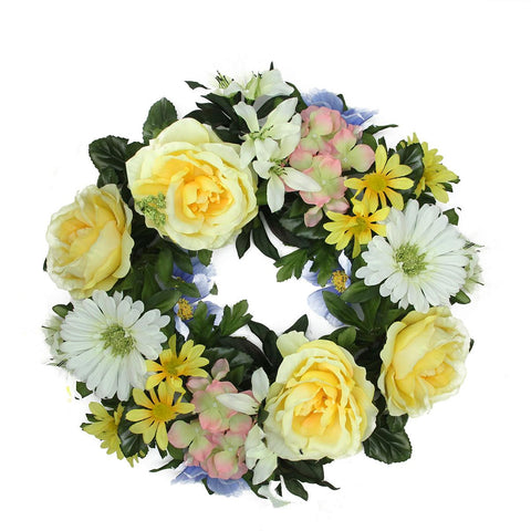 18" Decorative Yellow and Green Cabbage Rose and Daisy Flowers Artificial Spring Floral Wreath