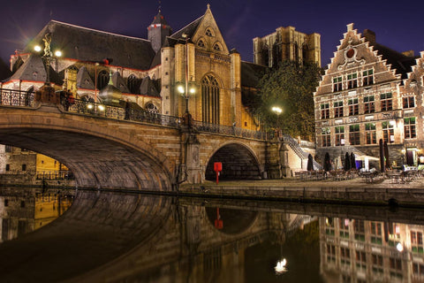 LED Lighted Famous St. Michael's Bridge and Church in Ghent, Belgium Canvas Wall Art 15.75" x 23.5"