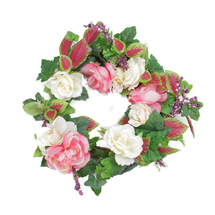 22.5" Decorative Cream and Pink Rose Flowers and Berries Artificial Spring Floral Wreath