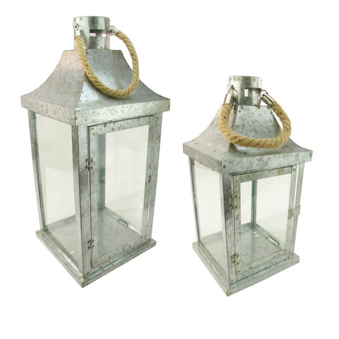 Set of 2 Industrial Flecked Metal and Glass Paneled Nesting Pillar Candle Lanterns 14"-22"