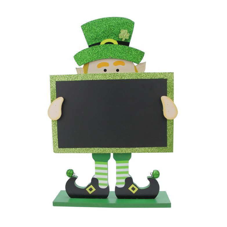 13.75" Green Glitter Leprechaun with Chalkboard St. Patrick's Day Decoration