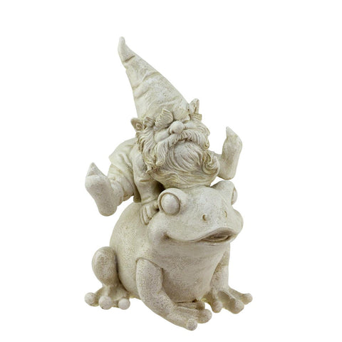 9.75" Distressed Ivory Frog and Gnome Spring Outdoor Patio Garden Statue