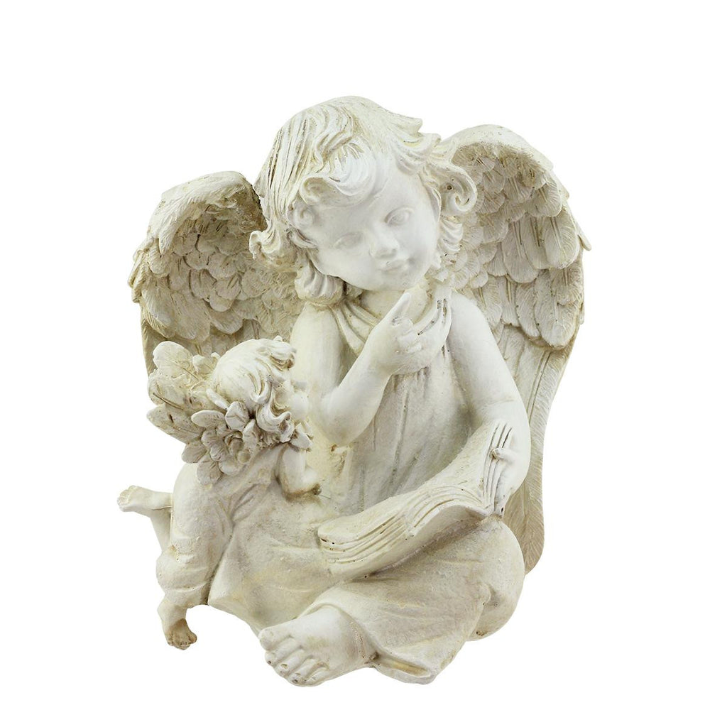 8.5" Heavenly Gardens Distressed Ivory Sitting Angel with Book & Friend Outdoor Patio Garden Statue