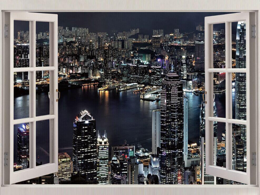 LED Lighted Window Night Scene Capture of Hong Kong Canvas Wall Art 27.5" x 39.25"