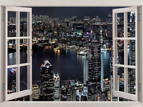 LED Lighted Window Night Scene Capture of Hong Kong Canvas Wall Art 27.5" x 39.25"