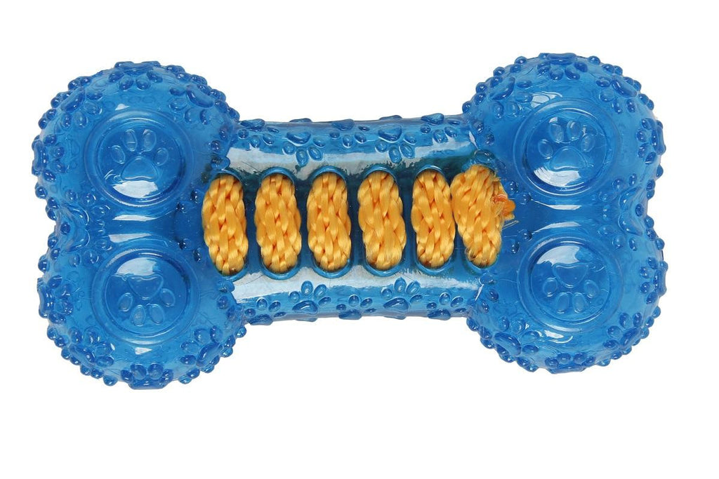 Blue TPR Rubber Bone with Orange Rope Center Non-Toxic Puppy Dog Chew Toy