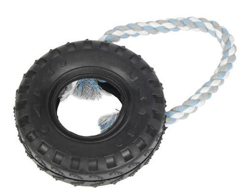 Black Mini TPR Rubber Tire with Blue, Gray and White Ropie Durable Puppy Dog Chew Toy