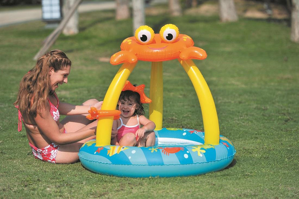 39" Blue and Yellow Inflatable Baby Swimming Pool with Crab Canopy