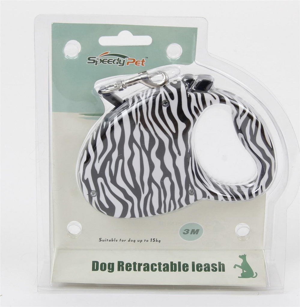 Sassy Black and White Zebra Patterned Retractable Dog Leash - 33 Pound Limit