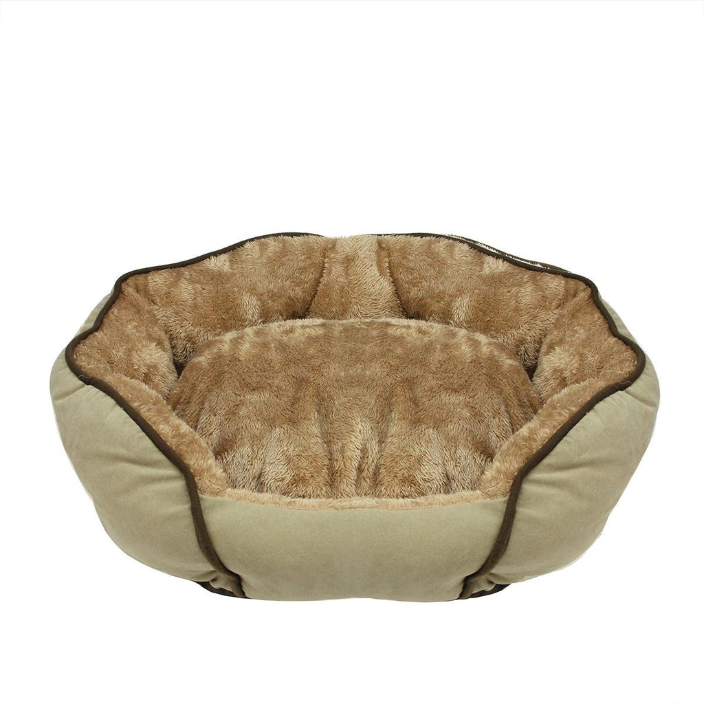 Soft Light Brown Faux Fur Self Heating Plush Dog Bed Sleeper Lounge - Small