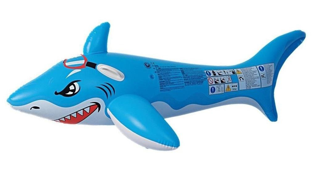 71" Blue and White Shark Rider Inflatable Swimming Pool Float Toy with Handles