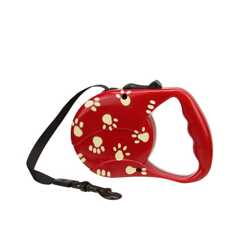 Red and Beige Paw Print Patterned Retractable Dog Leash - 33 Pound Limit