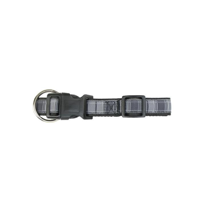 Adjustable Black and Gray Plaid Patterned Heavy Duty Nylon Dog Collar - Large