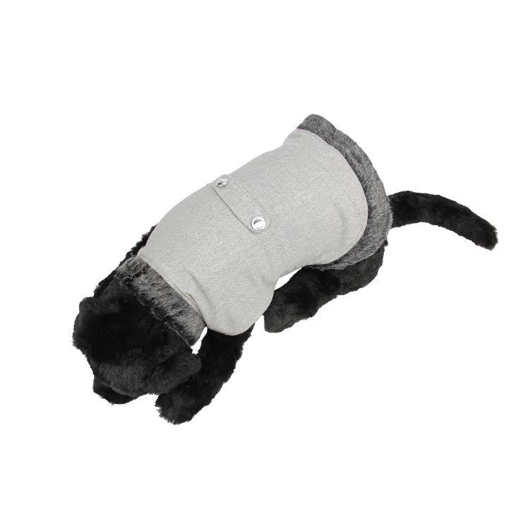 Gray Herringbone Design Fashion Dog Jacket with Faux Fur Trim - Extra Large